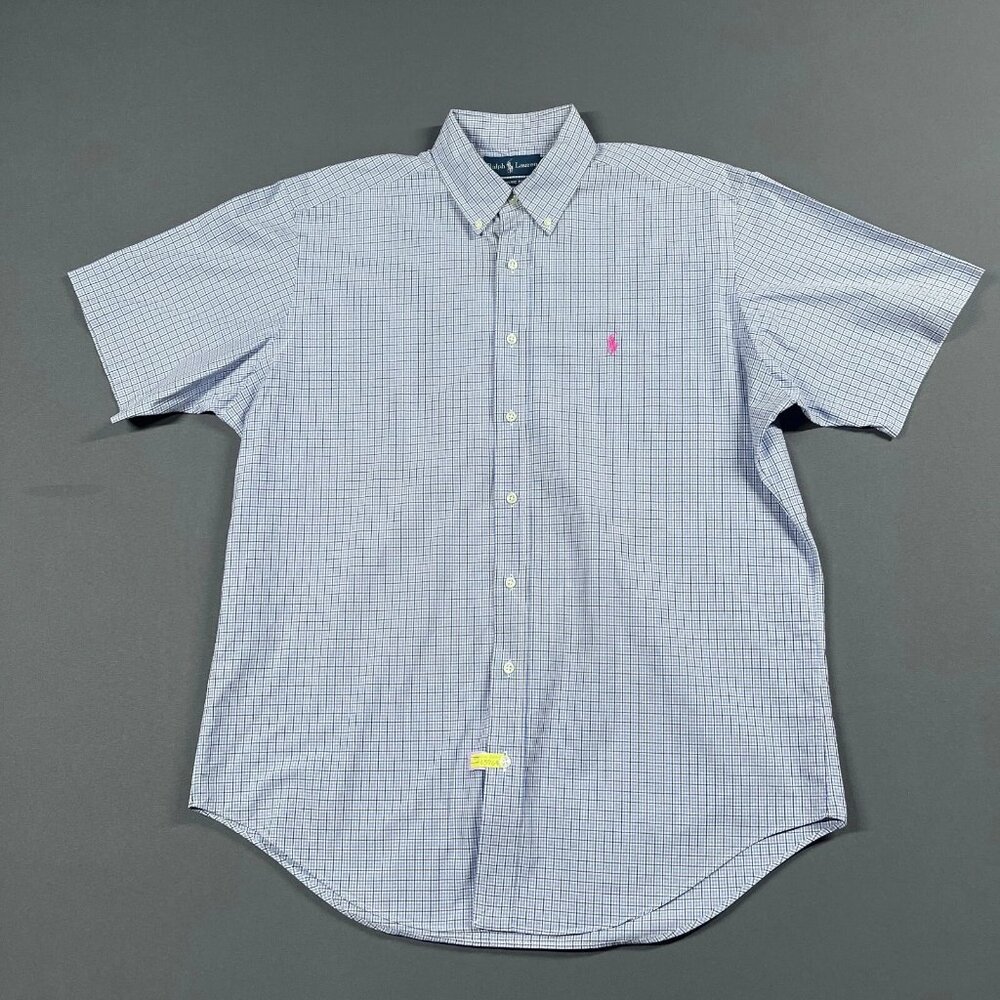 Polo Ralph Lauren Shirt Mens Large Blue Pink Plaid Cotton Pony Preppy Classic